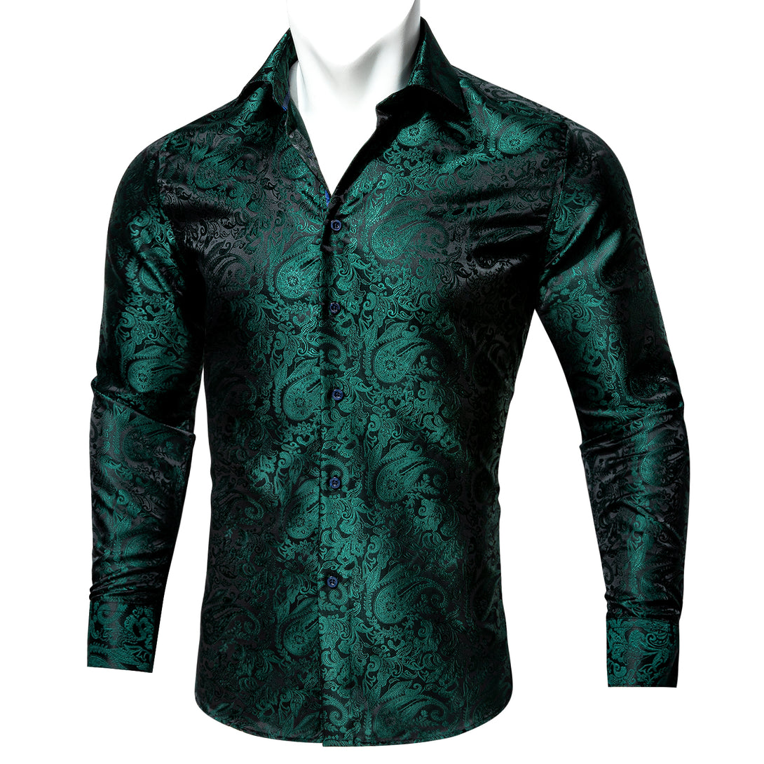 Black Green Paisley Style Silk Men's Long Sleeve Shirt – ties2you