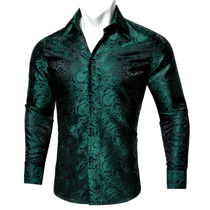 Black Green Paisley Style Silk Men's Long Sleeve Shirt