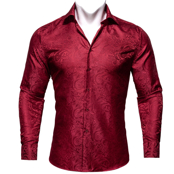 Classic Red Paisley Silk Men's Long Sleeve Shirt