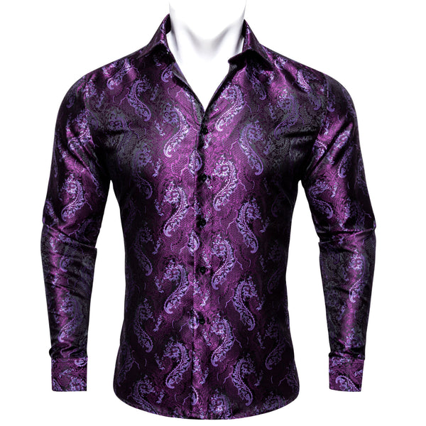 Pink Purple Paisley Style Silk Men's Long Sleeve Shirt