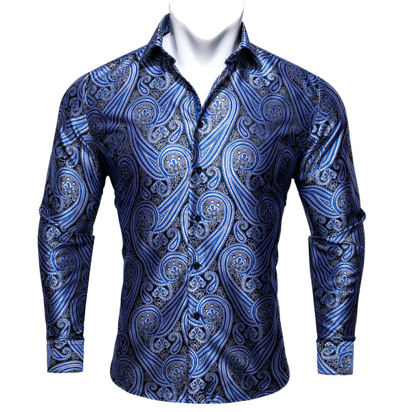 Silver Blue Paisley Style Silk Men's Long Sleeve Shirt