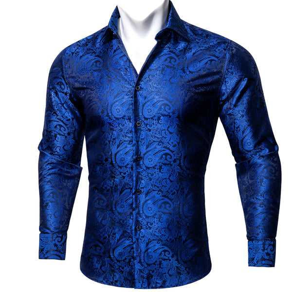 Dark Blue Paisley Style Silk Men's Long Sleeve Shirt