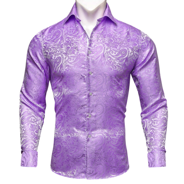 Light Purple Paisley Style Silk Men's Long Sleeve Shirt