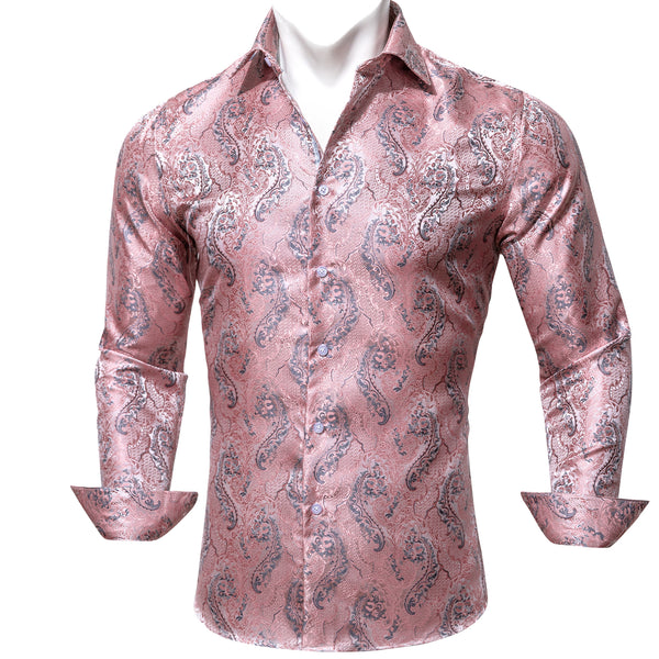 Baby Pink Paisley Style Silk Men's Long Sleeve Shirt
