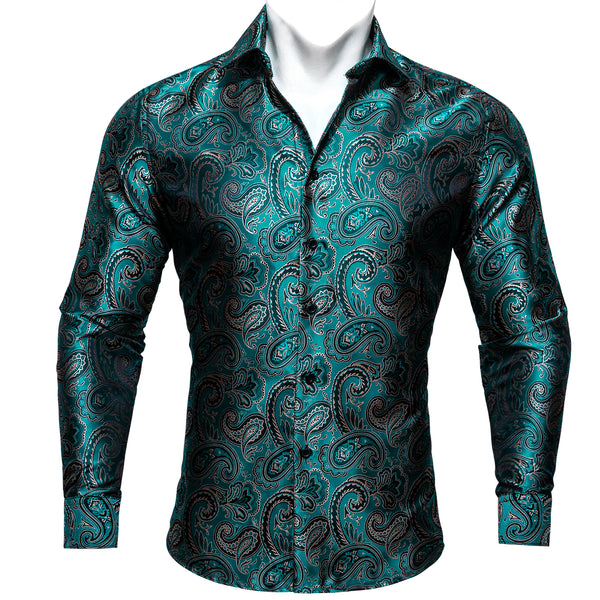 Lake Green Paisley Style Silk Men's Long Sleeve Shirt