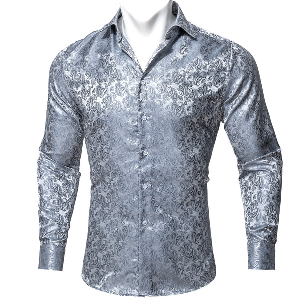 Silver Grey Paisley Style Silk Men's Long Sleeve Shirt