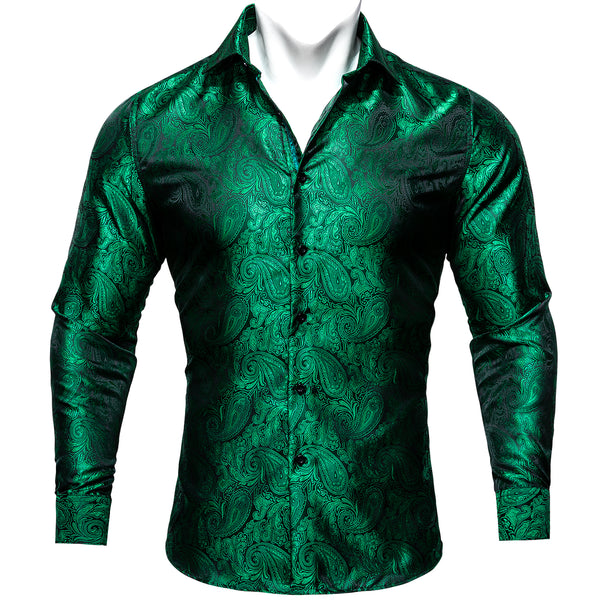 New Green Paisley Style Silk Men's Long Sleeve Shirt