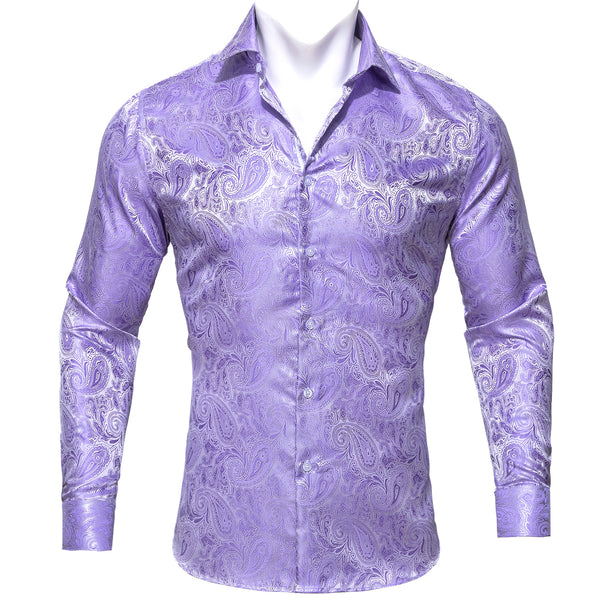 Silver Purple Paisley Style Silk Men's Long Sleeve Shirt