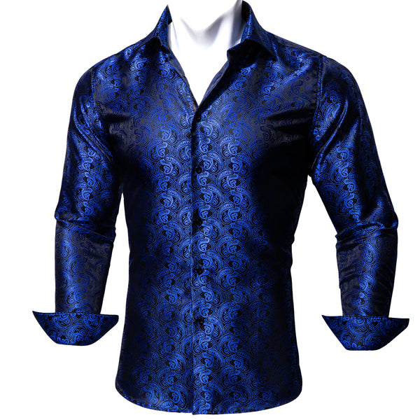 Black Blue Paisley Style Silk Men's Long Sleeve Shirt