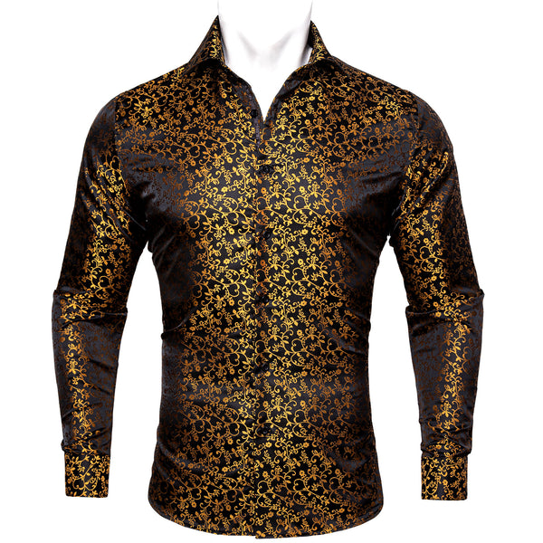 Black Golden Floral Style Silk Men's Long Sleeve Shirt