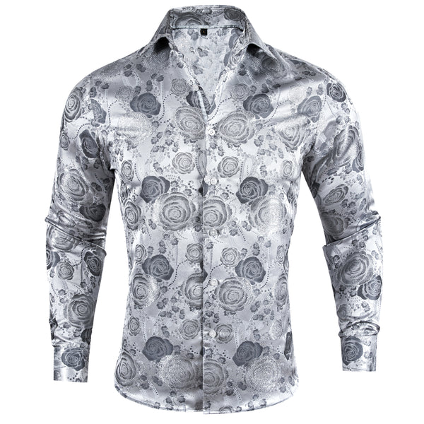 New Silver Grey Floral Style Silk Men's Long Sleeve Shirt