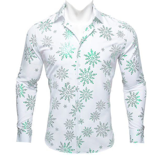 Christmas White with Green Snowflake Floral Men's Long Sleeve Shirt