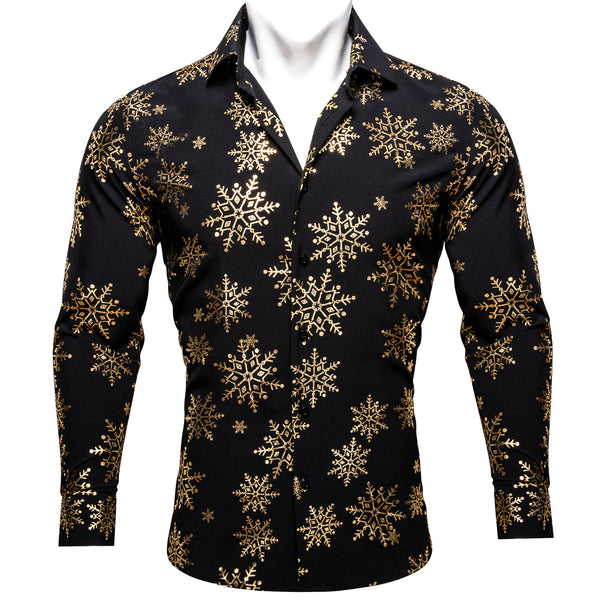 Christmas New Black with Golden Snowflake Floral Men's Long Sleeve Shirt