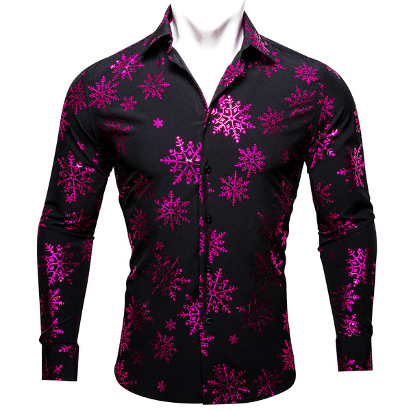 Christmas New Black with Purple Snowflake Floral Men's Long Sleeve Shirt