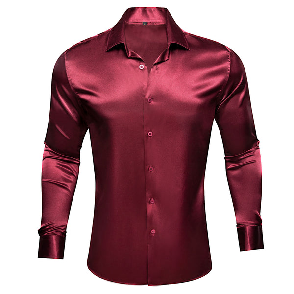Burgundy Red Solid Silk Men's Long Sleeve Shirt
