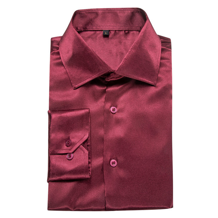  Burgundy Red Solid Silk Men's Long Sleeve Shirt