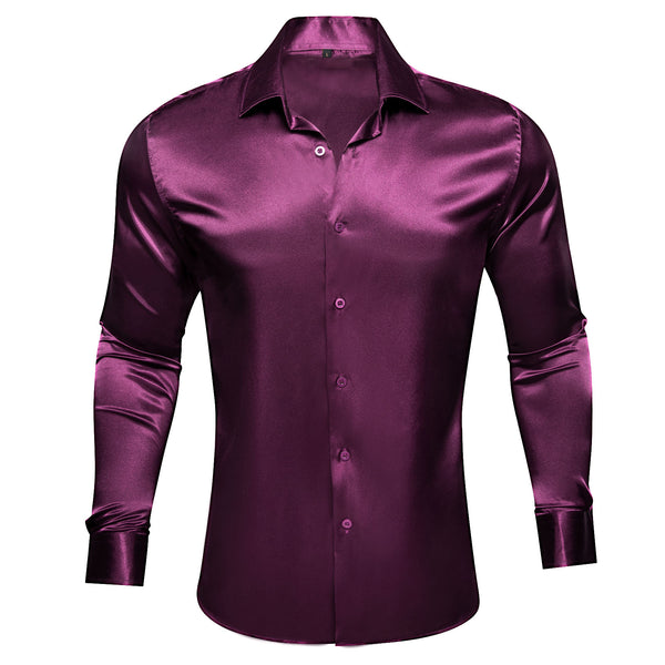 Dark Purple Solid Silk Men's Long Sleeve Shirt