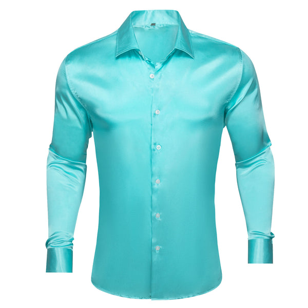Light Lake Blue Solid Silk Men's Long Sleeve Shirt