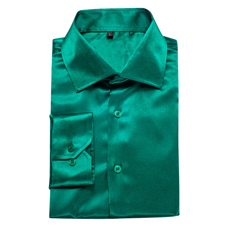 Dark Green Solid Silk Men's Long Sleeve Shirt