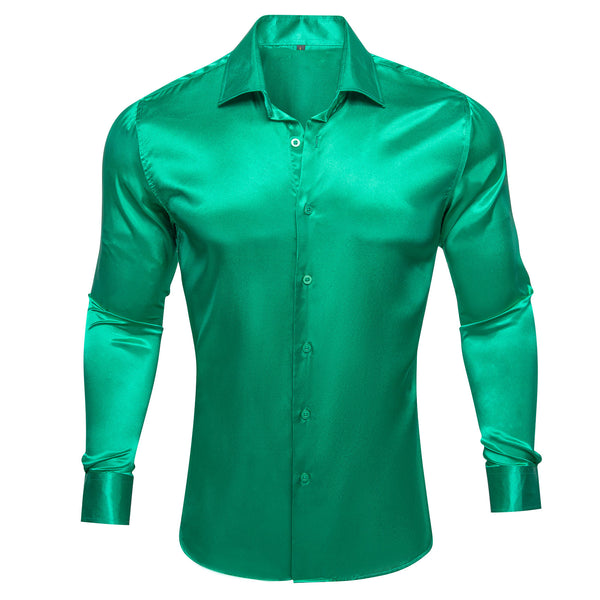 Green Solid Silk Men's Long Sleeve Shirt