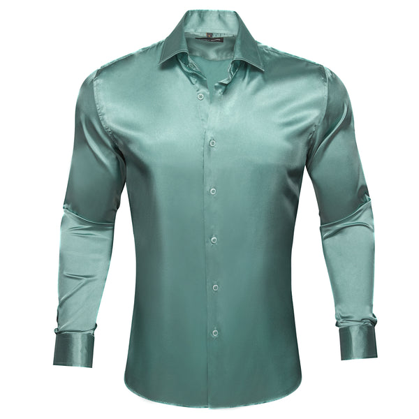 Grey Blue Solid Silk Men's Long Sleeve Shirt