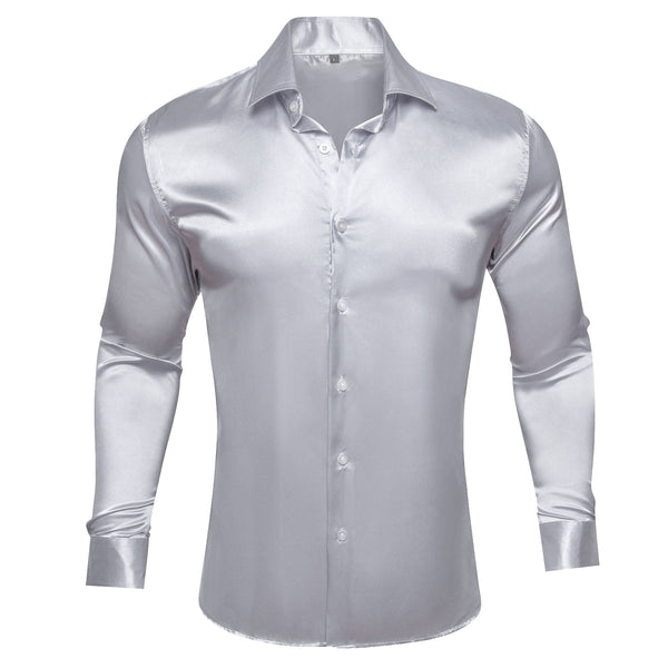 Silver Grey Solid Silk Men's Long Sleeve Shirt