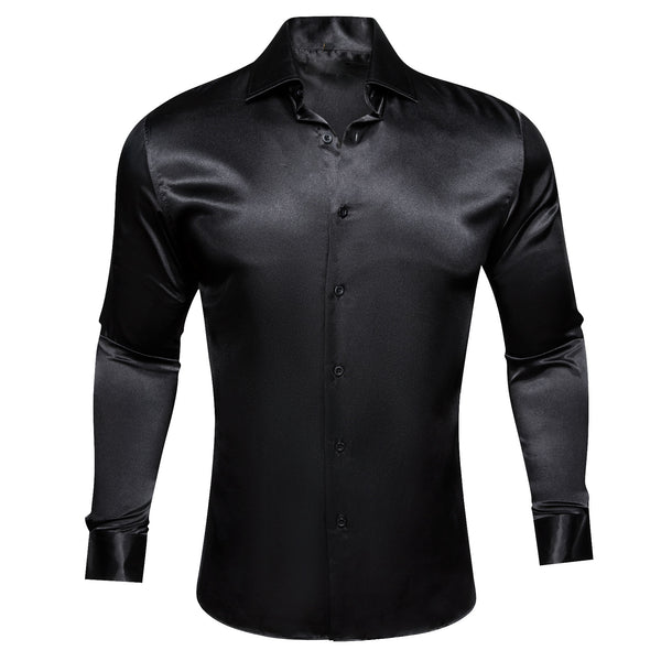 Ties2you Button Down Shirt Black Solid Silk Men's Long Sleeve Shirt Classic
