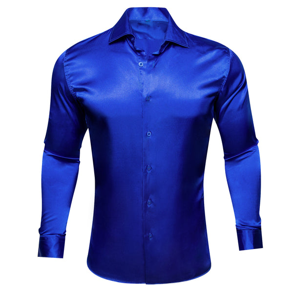 Klein Blue Solid Silk Men's Long Sleeve Shirt