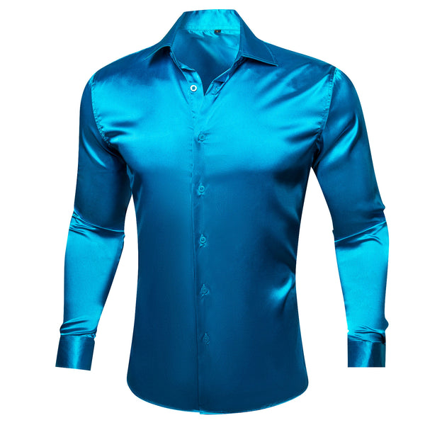 Blue Solid Silk Men's Long Sleeve Shirt