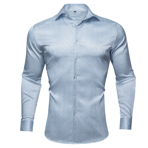 Sky Blue Solid Woven Silk Men's Long Sleeve Shirt