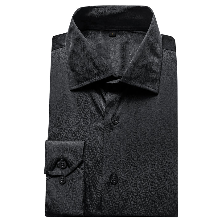 Black Solid Woven Silk Men's Long Sleeve Shirt