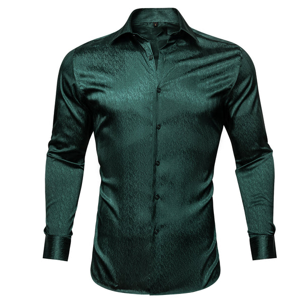 Dark Green Solid Woven Silk Men's Long Sleeve Shirt