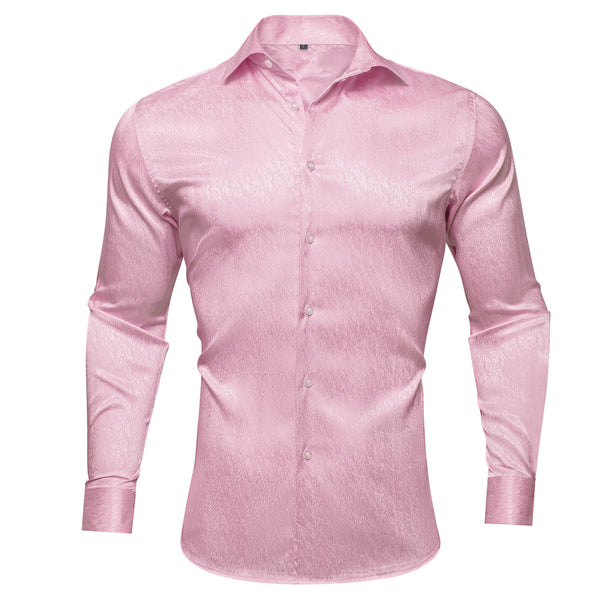 Pink Solid Woven Silk Men's Long Sleeve Shirt