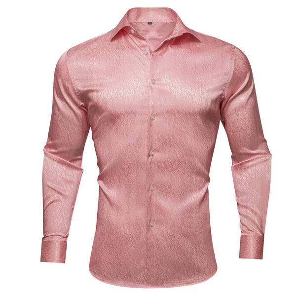 Watermelon Pink Solid Woven Silk Men's Long Sleeve Shirt