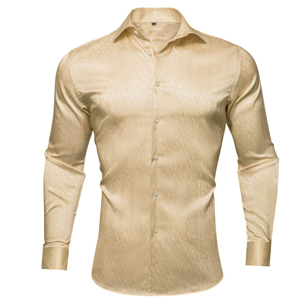 Khaki Solid Woven Silk Men's Long Sleeve Shirt