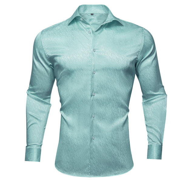 Green Blue Solid Woven Silk Men's Long Sleeve Shirt