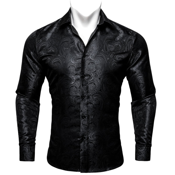 New Black Paisley Pattern Silk Men's Long Sleeve Shirt