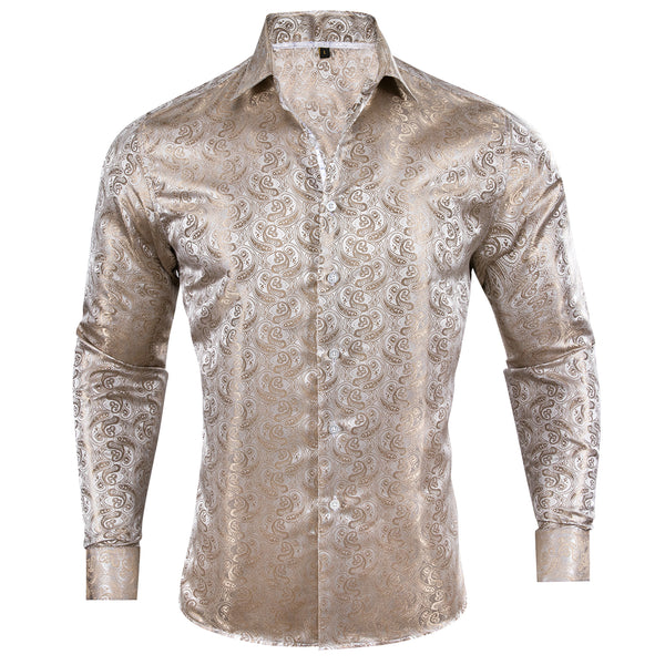Champagne Golden Paisley Pattern Silk Men's Long Sleeve Shirt