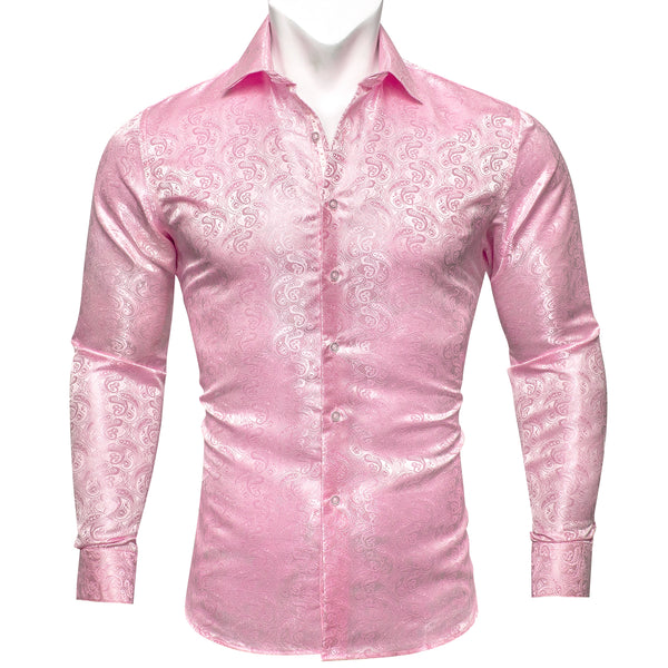 Pink Paisley Pattern Silk Men's Long Sleeve Shirt