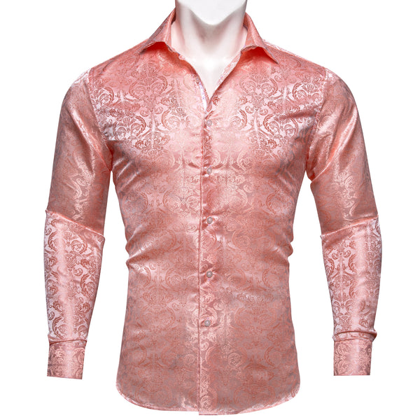 New Pink Floral Pattern Silk Men's Long Sleeve Shirt