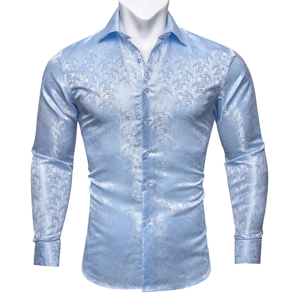 Baby Blue Paisley Pattern Silk Men's Long Sleeve Shirt