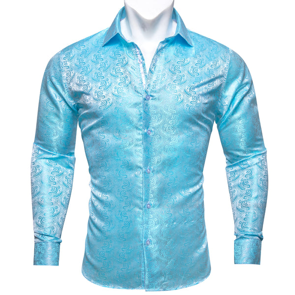 Sky Blue Paisley Pattern Silk Men's Long Sleeve Shirt