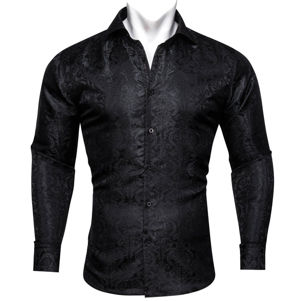 New Black Floral Pattern Silk Men's Long Sleeve Shirt