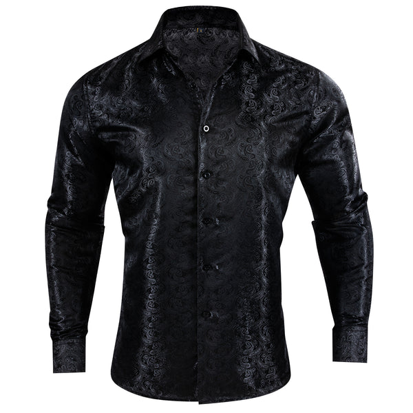 Black Paisley Pattern Silk Men's Long Sleeve Shirt