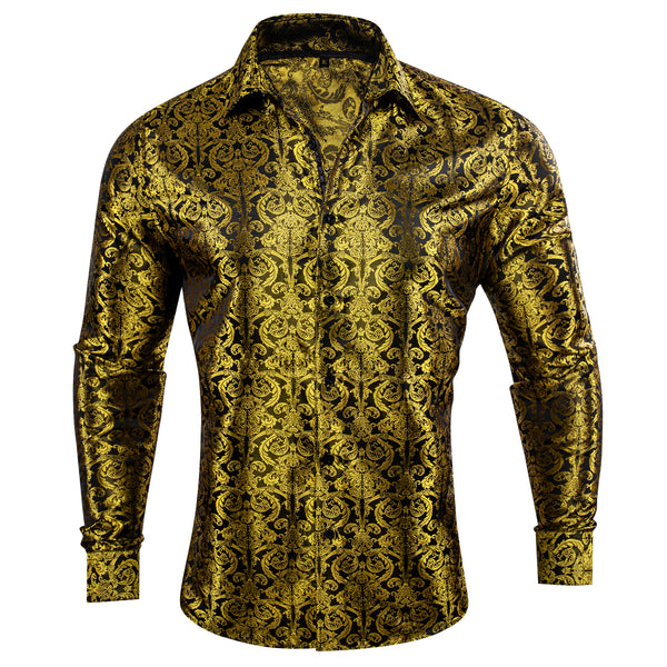 Black Golden Floral Pattern Silk Men's Long Sleeve Shirt