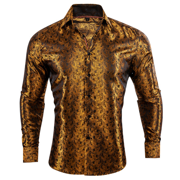 Brown Golden Paisley Pattern Silk Men's Long Sleeve Shirt