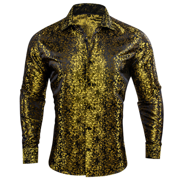 New Black Golden Floral Pattern Silk Men's Long Sleeve Shirt