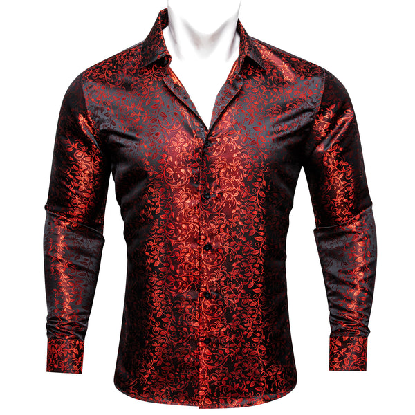 Black Red Floral Pattern Silk Men's Long Sleeve Shirt