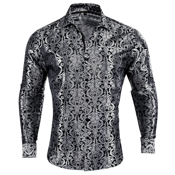 Black Grey Floral Pattern Silk Men's Long Sleeve Shirt