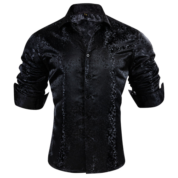 Black Floral Pattern Silk Men's Long Sleeve Shirt
